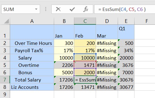 With focus on the Total Salary cell, the cells of Salary, Overtime, and Bonus are highlighted in the grid indicating that these three cells are involved in calculation of total salary.