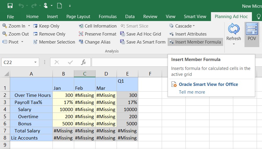 Shows the Insert Member Formula option in the Planning Ad Hoc ribbon in the Analysis group.