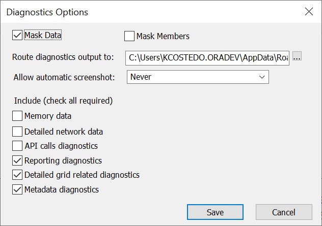 The Diagnostics Options dialog box