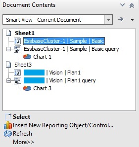 In the Document Contents pane, an Essbase ad hoc grid is selected. Available actions are Select, Insert New Reporting Object/Control, Refresh, and , Modify Connection, and Delete.