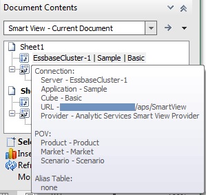 The connection properties of an ad hoc query, displayed after hovering the cursor over the object icon in the Document Contents tree. Properties shown are Server, Application, Cube, URL, Provider, POV, and Alias Table.