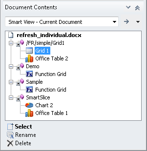 Document Contents pane with a reporting object selected instead of a query. No Refresh link is available.