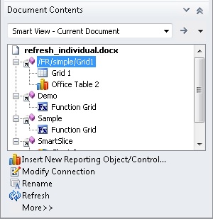 Document Contents pane with a report query with two reporting objects selected. Refresh is available.