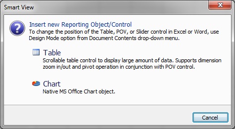 Insert new reporting object/control dialog, with options for inserting a Table and Chart