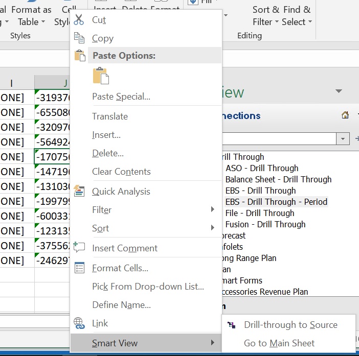 On the staging sheet, the right-click context menu showing the options for the Smart View menu item, Drill-through to Source and Go to Main Sheet