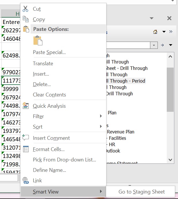 On source sheet, Smart View context menu with Go to Staging Sheet option