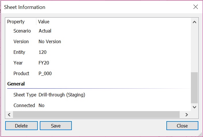Sheet Information dialog showing the Sheet type for a Drill-through staging sheet