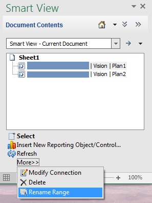 Document Contents pane showing the Vision Plan1 grid selected, and the menu expanded to show the Rename Range command selected.