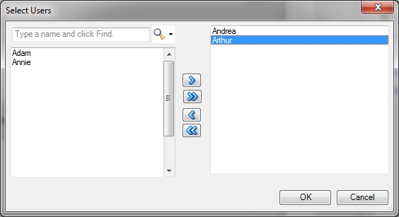 Select Users dialog box showing selected users at the right.