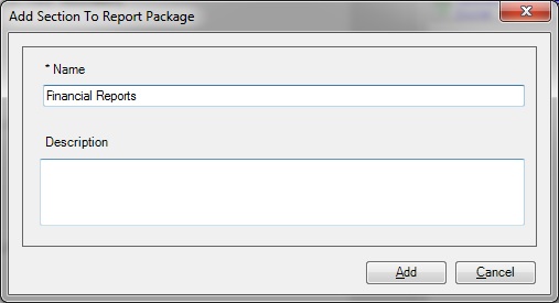 Add Section to Report Package dialog box.