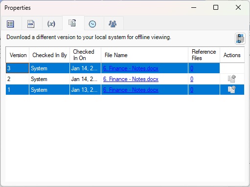 Properties dialog, Version tab, showing three doclet versions. Versions 1 and 3 are selected