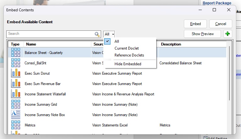The Embed Contents dialog showing the filtering options, All, Current Doclet, Reference Doclets, and Hide Embedded
