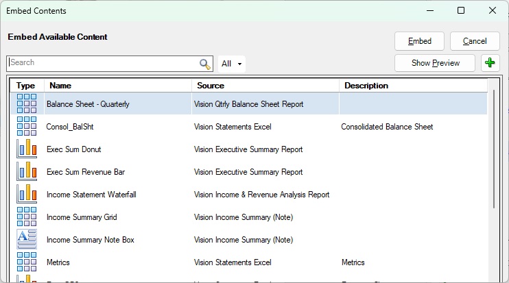 The Embed Contents dialog box with Summary Income Statement selected.