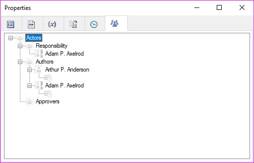 Actors tab showing the user , the assigned authors, and the assigned approvers.
