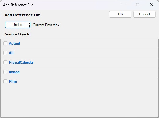 The Add Reference File dialog box, showing five named ranges from the selected reference file that can be registered as available content with the doclet.