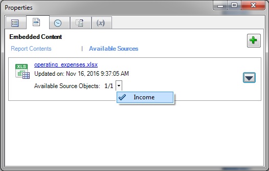 The Embedded Content tab of the properties dialog, after clicking the Available Sources link. An Excel file is listed. Under the Excel file name is "Available Source Objects" with clickable down arrow. Click the arrow and the embedded content in use is shown.