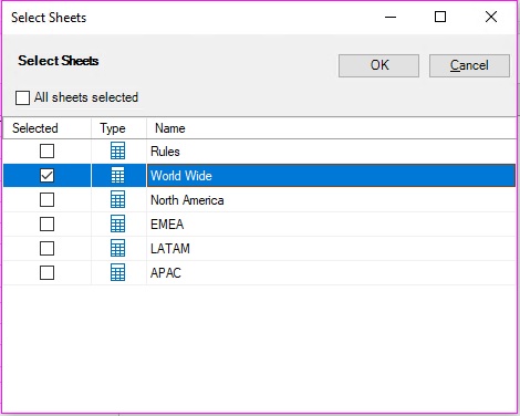 Select Sheets dialog; six workbook sheets are listed and selectable; in this example, only one sheet is selected