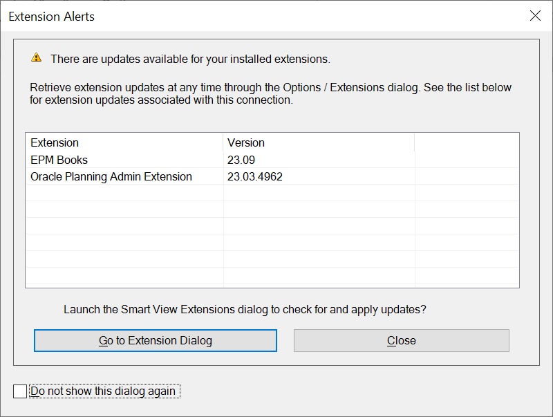Extension Alerts dialog, showing the extensions available for installation. In this example, the EPM Books extension and Planning Admin Extension are available for installation.