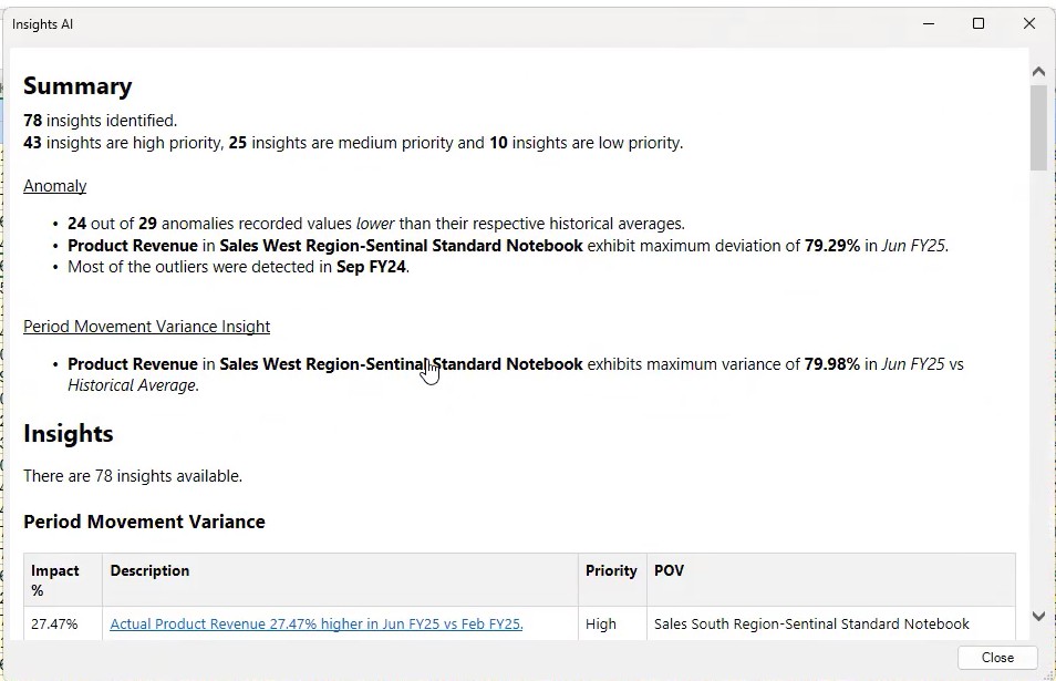 Insights AI dialog box displaying insights for the form or selected cells in the form