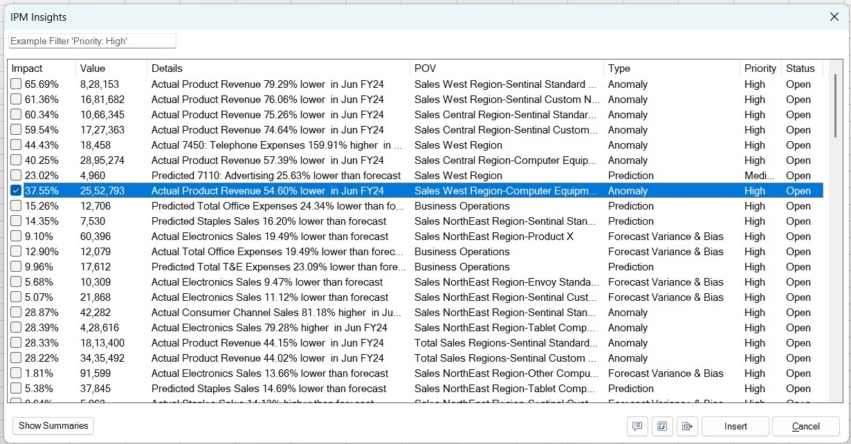 The IPM Insights dialog opened in Excel, displays the list of available insights with a filter box on the top