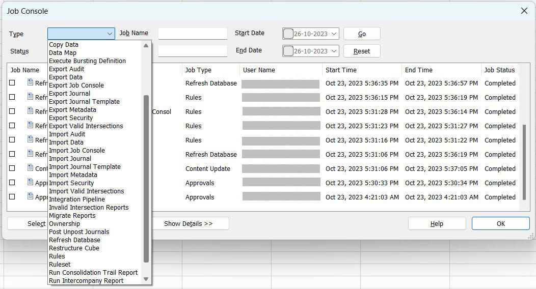 The Job Console, showing all available job types in the Type drop-down menu.