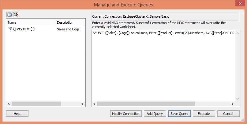 Shows the newly-saved MDX query named Query MDX [1] in the left text box of the Manage and Execute Queries dialog box. The MDX syntax is displayed still in the right text box