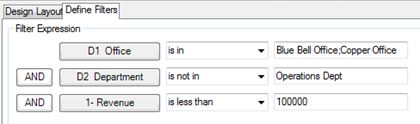 Filters defined for the D1 Office, D2 Department, and 1-Revenue columns from the Sample Sales database