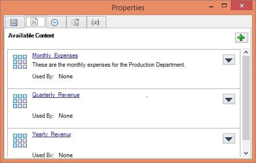 Properties dialog listing available content; Monthly_Expenses now displays a description. Properties dialog listing available content; Monthly_Expenses now displays a description.