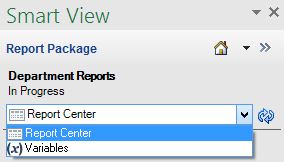 Shows the options available in drop-down list in the Report Package. Options are Report Center and Variables