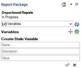 The Report Package panel, where now an area called Create Static Variable is displayed with Name, Description, and Value fields.