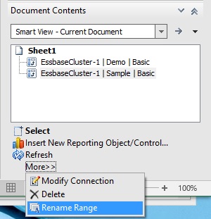 Document Contents pane showing the EssbaseCluster-1 Sample Basic grid selected, and the menu expanded to show the Rename Range command selected.