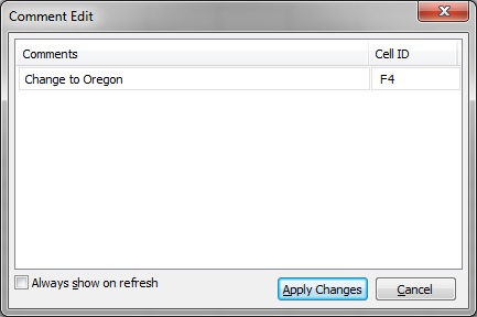 The Comment Edit dialog box, showing one comment, which can be removed.