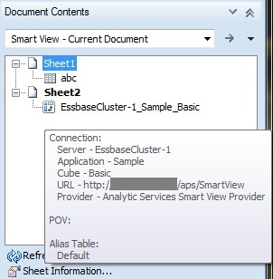 The connection properties of an ad hoc query, displayed after hovering the cursor over the object icon in the Document Contents tree. Properties shown are Server, Application, Cube, URL, Provider, POV, and Alias Table.