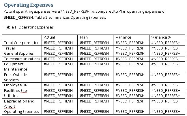 Shows the grid pasted into Word, all data cells contain the #NEED_REFRESH placeholder.