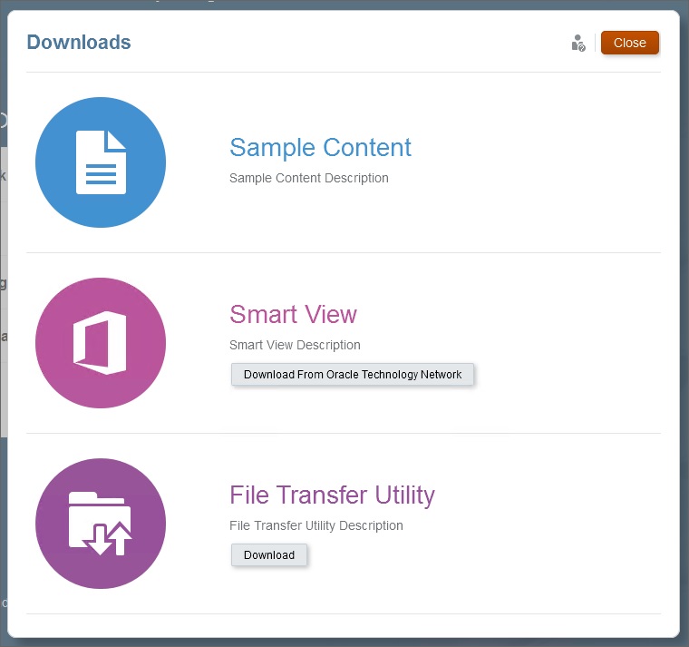 The Downloads window showing the Download From Oracle Technology Network button for Smart View.