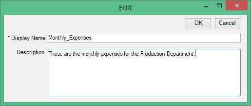 The Edit dialog box, where you can change the content name or description for available content in reference doclets.