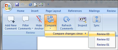 On the Performance Reporting ribbon, the small down arrow on the Compare button is selected, which displays a single drop-down menu item, Compare changes since, which contains a right arrow. Click the right arrow and another drop-down menu is displayed, containing all the earlier review instance versions that are available to you, depending on which review instances you have been assigned to.