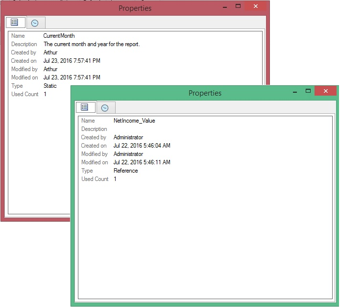 Shows two Properties dialogs for both static and reference variables. Properties listed are, Name, Description, Created by, Created on, Modified by, Modified on, Type of variable, and Used Count