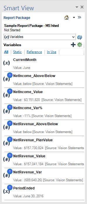 List of variables available in a report package. Shows the variable name and variable type: (x) for static variables, (#) for reference variables. A blue circle containing a number shows the number of times the variable is used in the report package. Value shows either the value defined for static variables, or the value of the reference variable and its source.