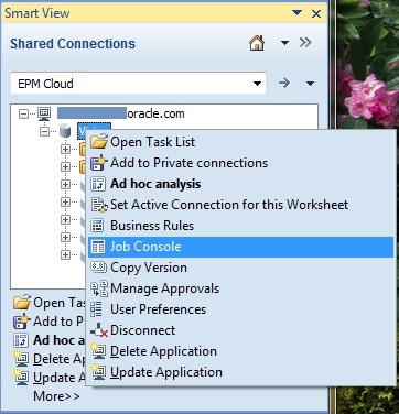 The context menu when right-clicking the application name, showing the Job Console menu item. Also shows the More option in the Action Panel at the bottom of the Smart View Panel.