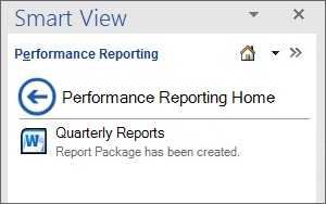 Performance Reporting Home displaying a link to the newly-created report package. You can also click the left arrow to return to the main Performance Reporting Home.