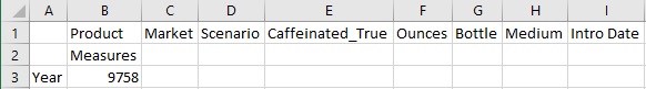 Ad hoc grid with attribute members Caffeinated_True, Bottle, and Medium added to the sheet as page dimensions, along with attribute dimensions Ounces and Intro Date. Ad hoc grid with attribute members Caffeinated_True, Bottle, and Medium added to the sheet as page dimensions, along with attribute dimensions Ounces and Intro Date.
