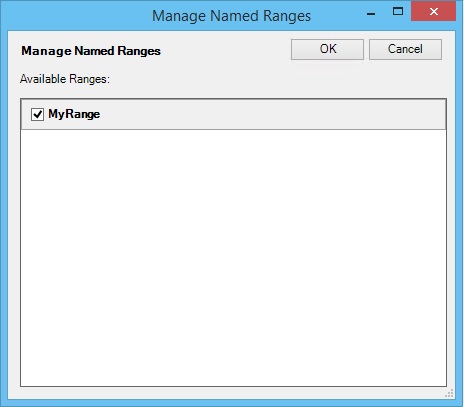 The Manage Named Ranges dialog box showing one range available and selected.