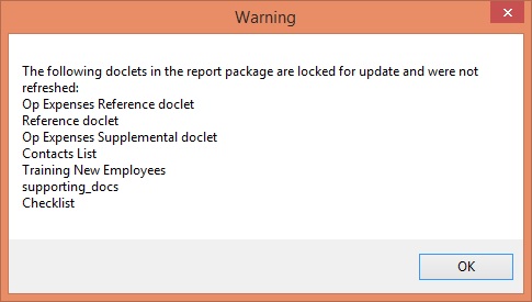 Warning message alerting you to the doclets that were not refreshed.