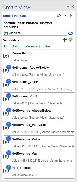 List of variables available in a report package. Shows the variable name and variable type: (x) for static variables, (#) for reference variables. A blue circle containing a number shows the number of times the variable is used in the report package. Value shows either the value defined for static variables, or the value of the reference variable and its source. List of variables available in a report package. Shows the variable name and variable type: (x) for static variables, (#) for reference variables. A blue circle containing a number shows the number of times the variable is used in the report package. Value shows either the value defined for static variables, or the value of the reference variable and its source.