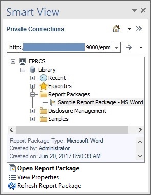 The Smart View Panel in Word upon initially connecting to Enterprise Performance Reporting Cloud, shows the default folders: Recent, Favorites, My Library, Report Packages, and Application. Report Package is expanded and contains the Sample Report Package - MS Word report package.