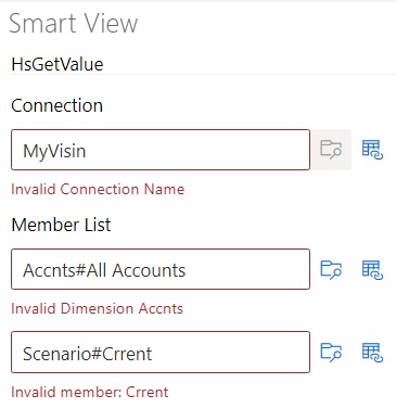 Spelling errors in the Connection name, a dimension name, and a member name resulting in an inline message next indicating the issue.