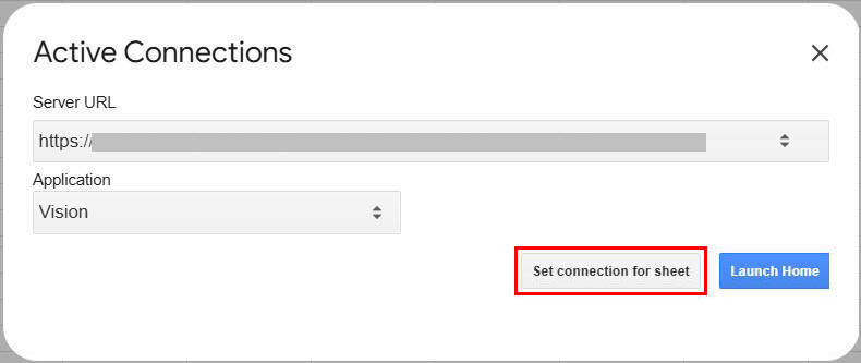 Displays the Active Connections dialog box with the Server URL field, the Application field, and the Set Connection for Sheet button.