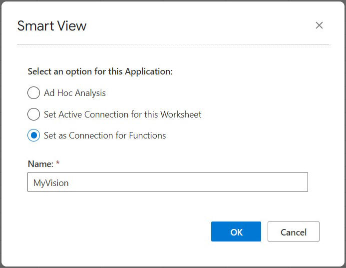 Connection dialog showing three options, Ad hoc analysis, Set Active Connection for this Worksheet, and Set as Connection for Functions. Also, a Name field where you enter the connection name to use for functions