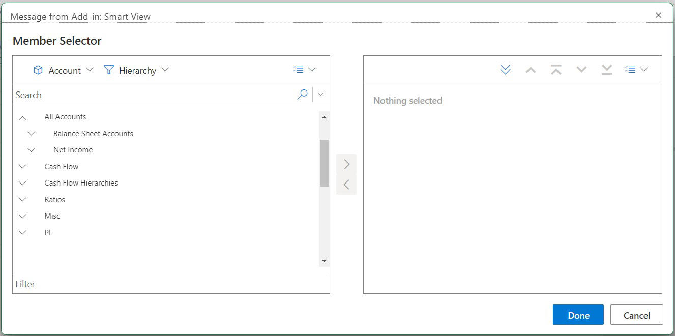 Member Selector dialog showing the Members List on the left and the Selection list on the right